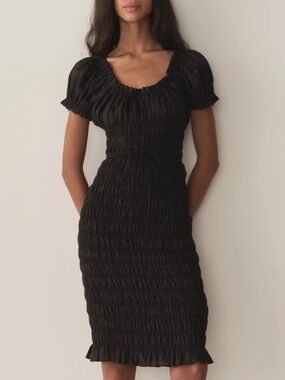 NWT Doen Rosalynn Ramie Linen Smocked Shirred Short Sleeve Midi Dress Black